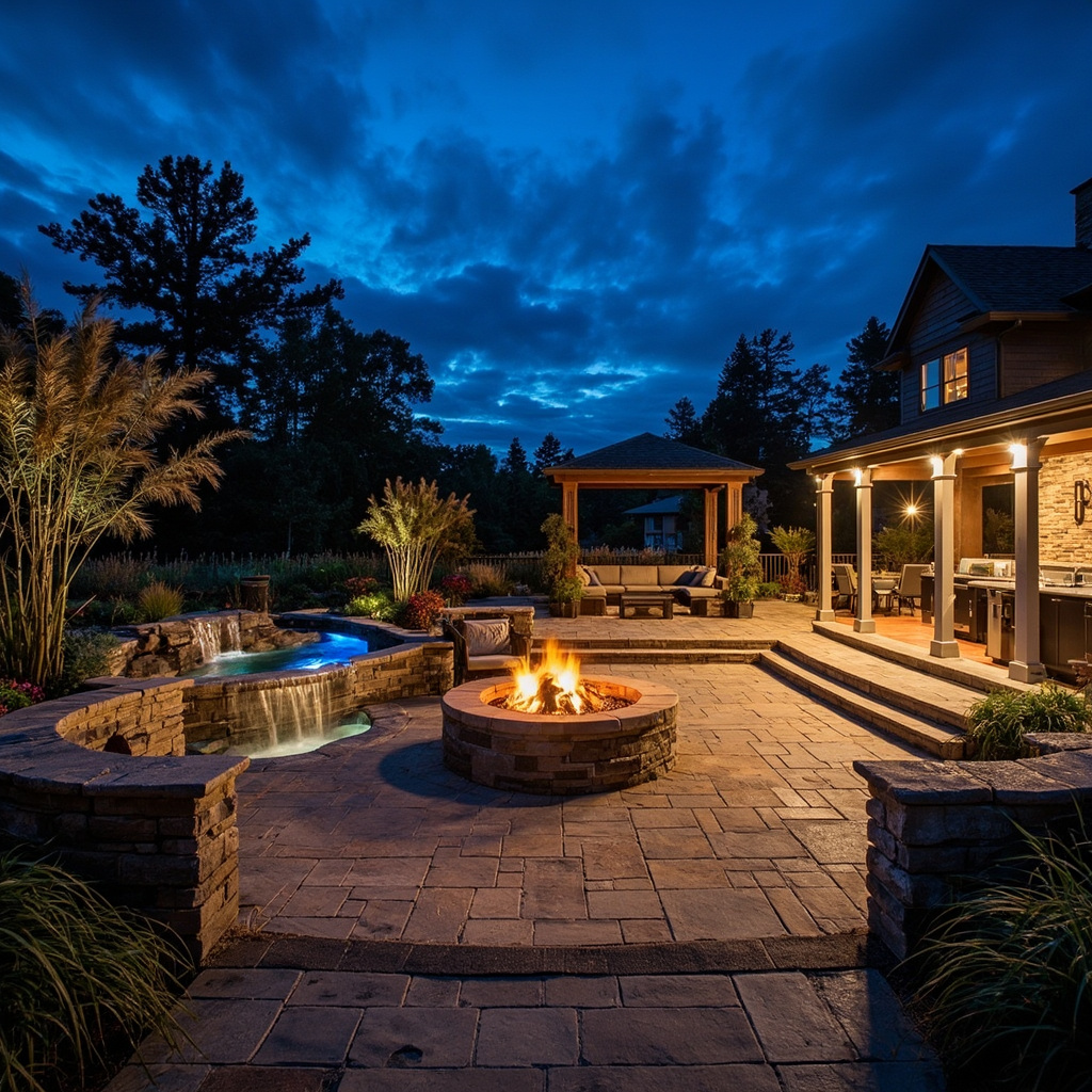 Luxury backyard with multi-level stone patio, fire pit, and waterfall feature