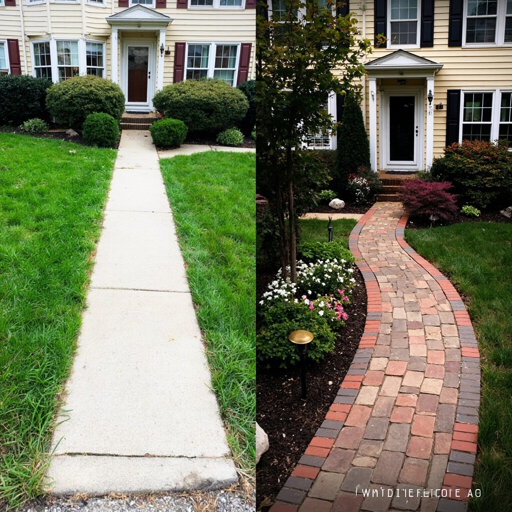 Before and after transformation of residential front yard with curved pathway and fall garden beds