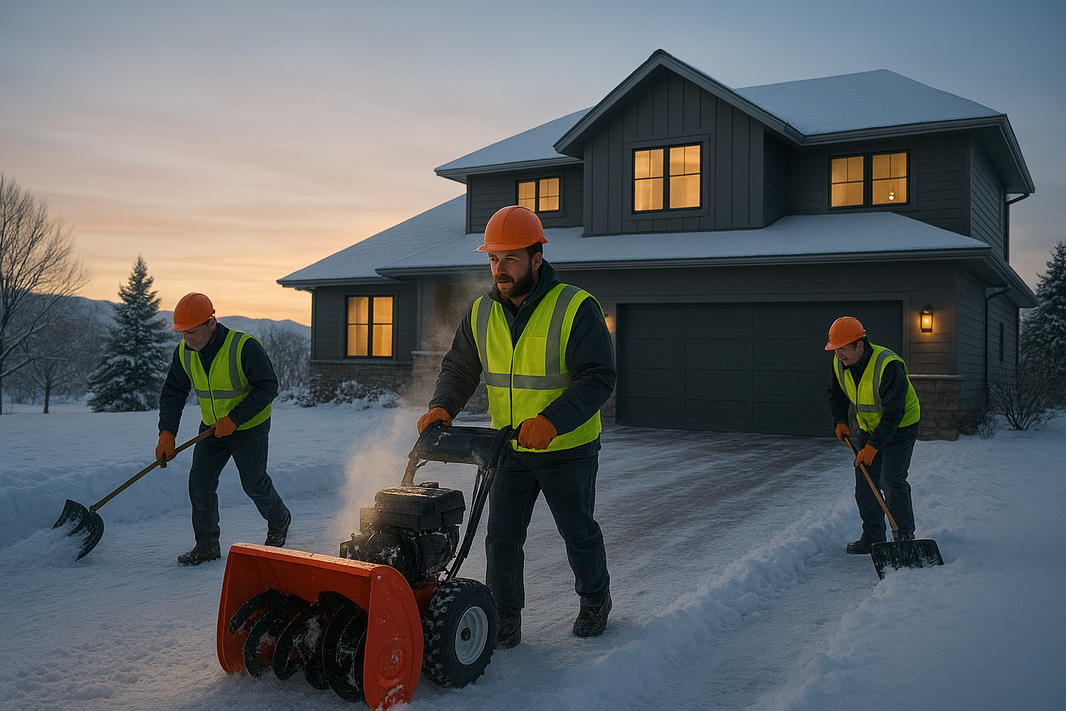 Professional snow removal service clearing residential driveway